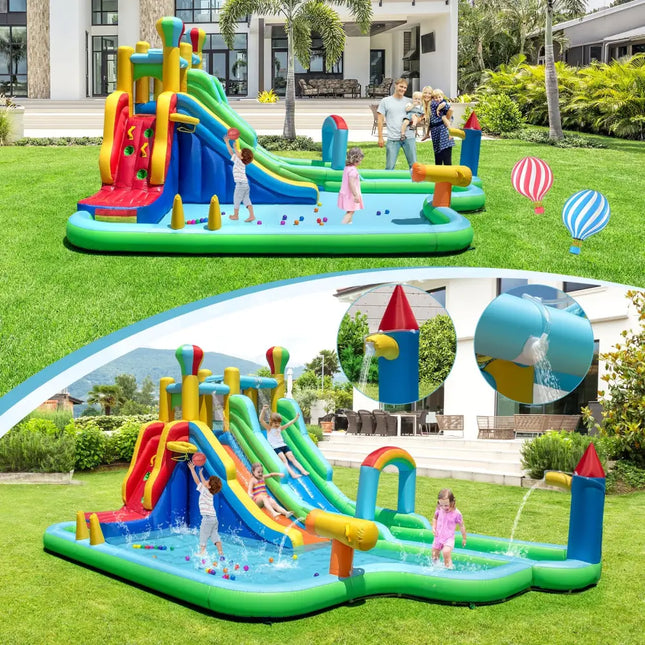 Inflatable Water Slide Park Giant Bounce House with 750W Blower - Blue - Inflatable Water Slides