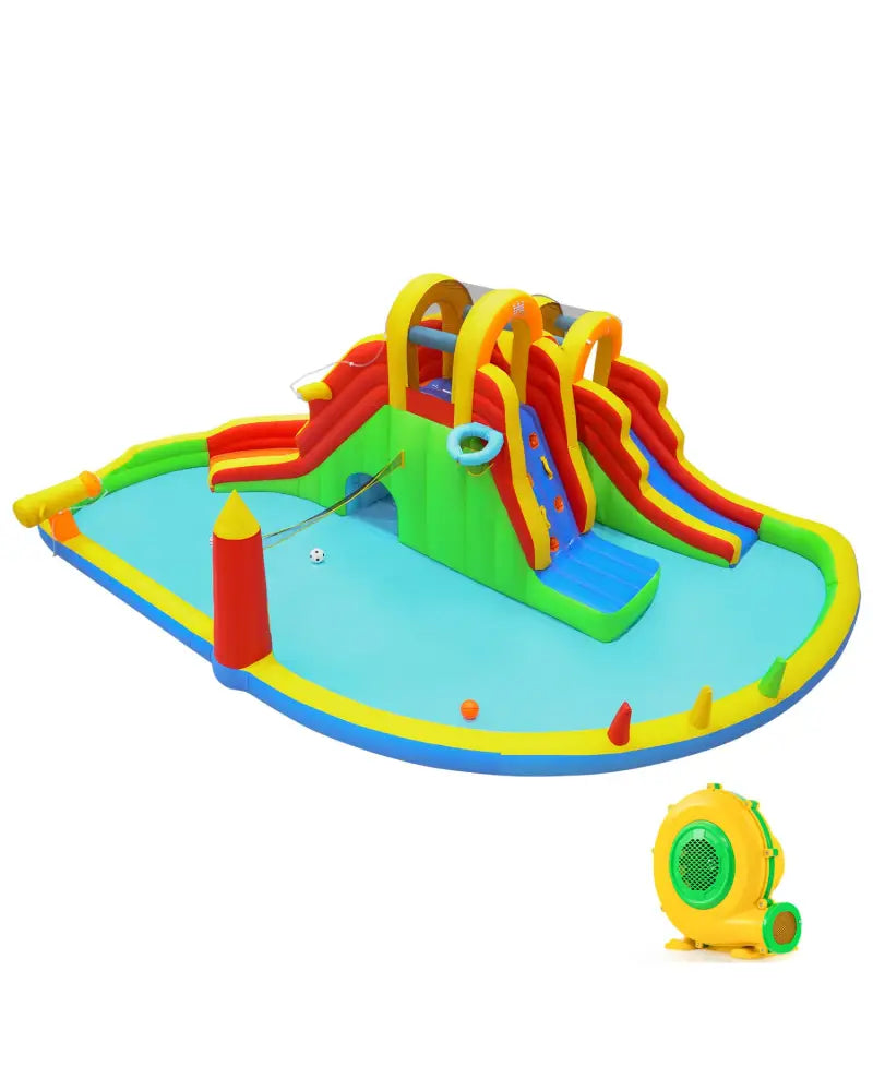 Inflatable Water Slide Park with 2 Long Slides and 750W Air Blower - Multicolor - Inflatable Water Slides