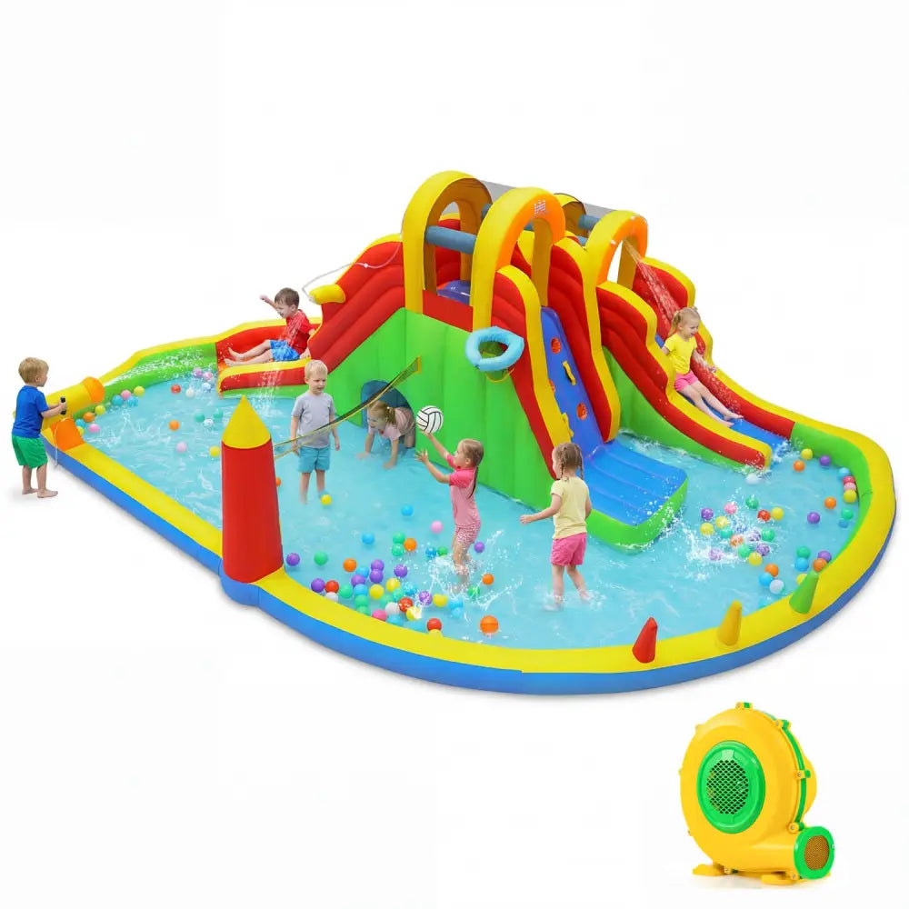 Inflatable Water Slide Park with 2 Long Slides and 750W Air Blower - Multicolor - Inflatable Water Slides