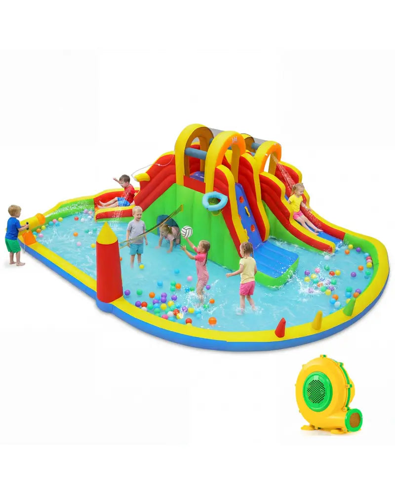 Inflatable Water Slide Park with 2 Long Slides and 750W Air Blower - Multicolor - Inflatable Water Slides