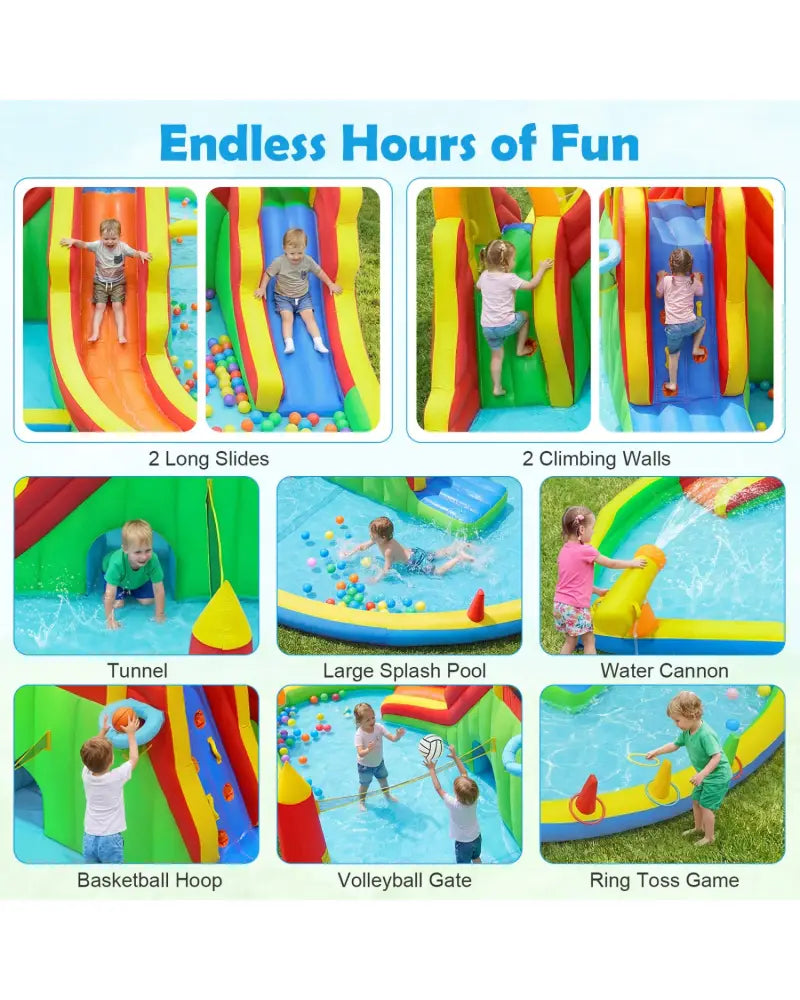 Inflatable Water Slide Park with 2 Long Slides and 750W Air Blower - Multicolor - Inflatable Water Slides