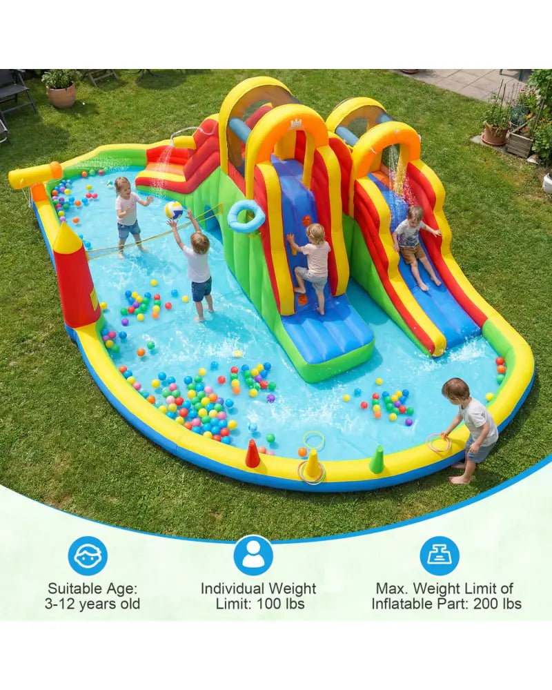 Inflatable Water Slide Park with 2 Long Slides and 750W Air Blower - Multicolor - Inflatable Water Slides