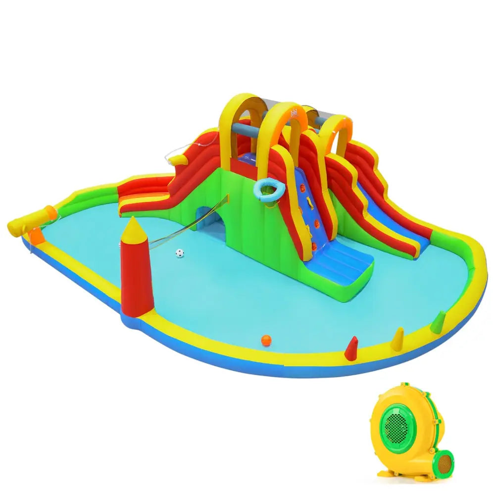 Inflatable Water Slide Park with 2 Long Slides and 750W Air Blower - Multicolor - Inflatable Water Slides