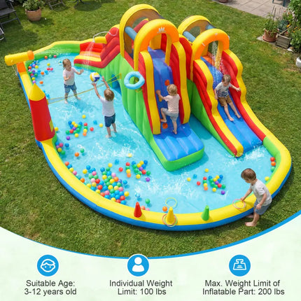 Inflatable Water Slide Park with 2 Long Slides and Climbing Walls for Yard Party - Multicolor - Inflatable Water Slides