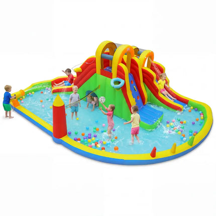 Inflatable Water Slide Park with 2 Long Slides and Climbing Walls for Yard Party - Multicolor - Inflatable Water Slides
