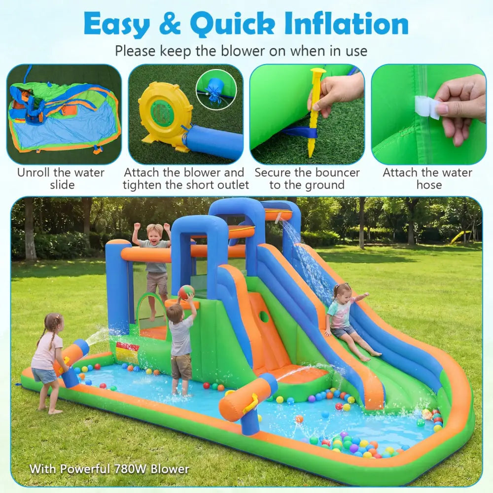 Inflatable Water Slide Park with with 780W Blower and Splash Pool for Yard Party - Inflatable Water Slides