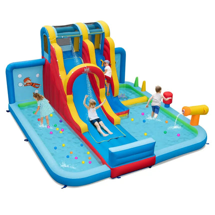 Inflatable Water Slide Water Park with Long Slide and Splash Pools and Ball Pit with 680W Blower - Multicolor - Outdoor