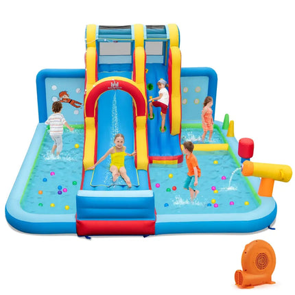 Inflatable Water Slide Water Park with Long Slide and Splash Pools and Ball Pit with 680W Blower - Multicolor - Outdoor