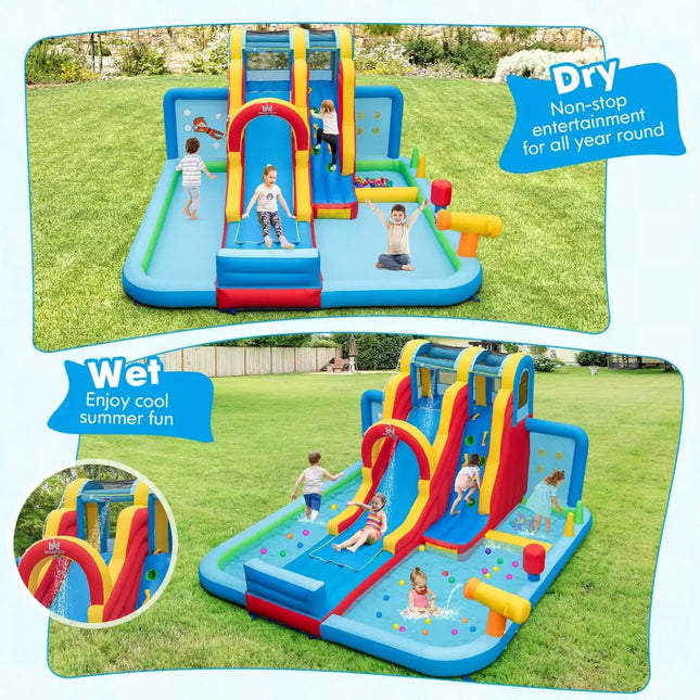 Inflatable Water Slide Water Park with Long Slide and Splash Pools and Ball Pit with 735W Blower - Multicolor - Outdoor