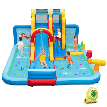 Inflatable Water Slide Water Park with Long Slide and Splash Pools and Ball Pit with 735W Blower - Multicolor - Outdoor