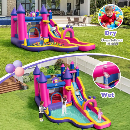 Inflatable Water Slide Princess Themed Bounce Castle with Climbing Wall 680W Blower Included - Inflatable Water Slides
