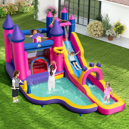 Inflatable Water Slide Princess Themed Bounce Castle with Climbing Wall 680W Blower Included - Inflatable Water Slides