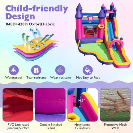 Inflatable Water Slide Princess Themed Bounce Castle with Climbing Wall 680W Blower Included - Inflatable Water Slides