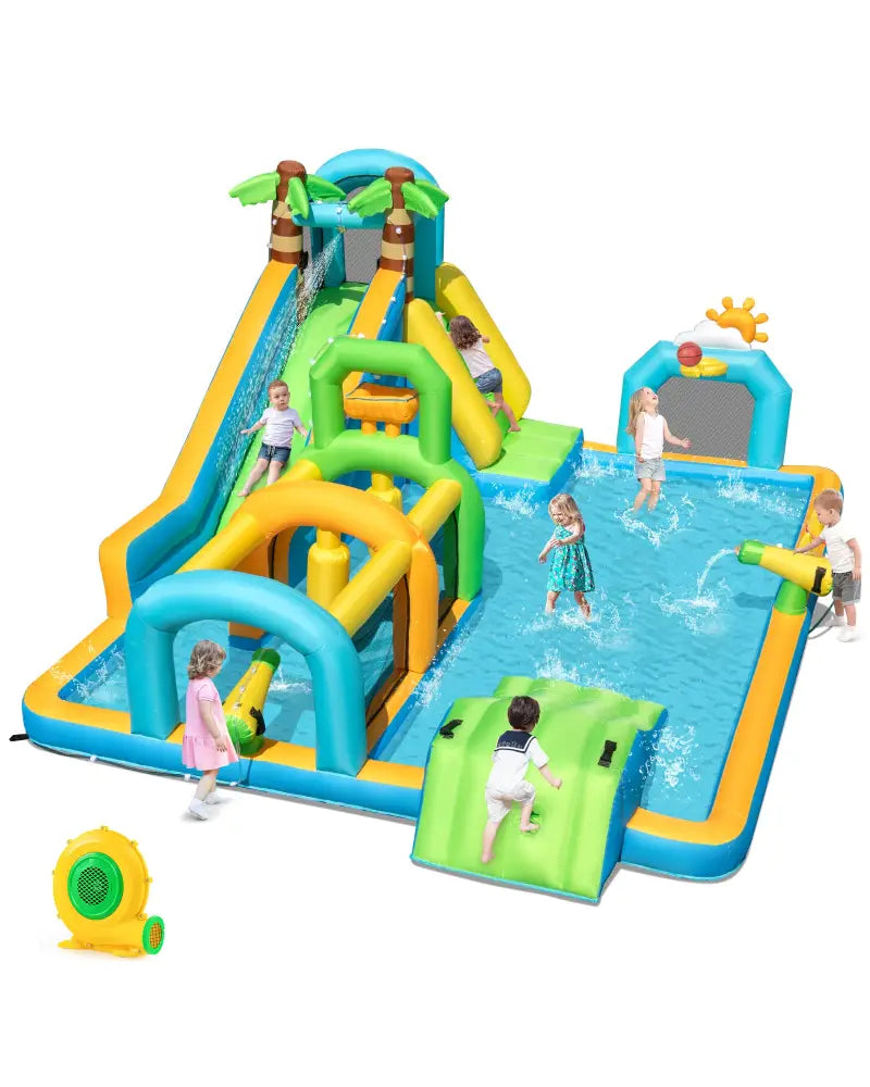 Inflatable Water Slide Tropical Theme Dual Slide Aqua Park with 680W Blower - Inflatable Water Slides
