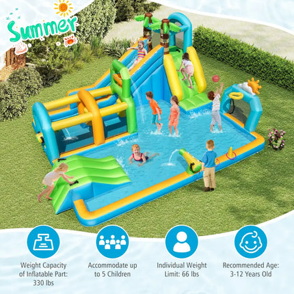 Inflatable Water Slide Tropical Theme Dual Slide Aqua Park with 680W Blower - Inflatable Water Slides