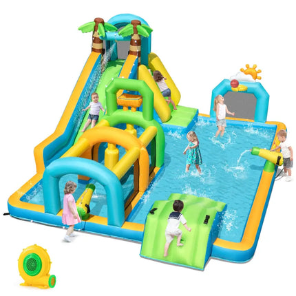 Inflatable Water Slide Tropical Theme Dual Slide Aqua Park with 680W Blower - Inflatable Water Slides