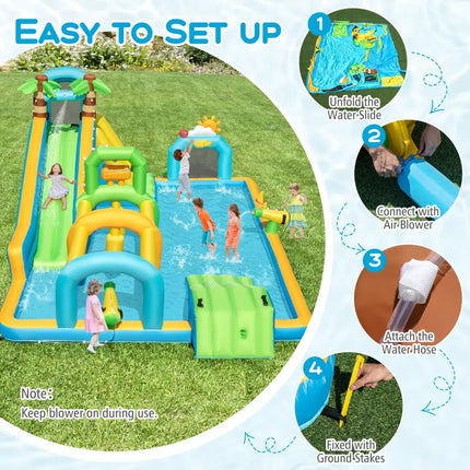 Inflatable Water Slide Tropical Theme Dual Slide Aqua Park with 735W Blower - Inflatable Water Slides