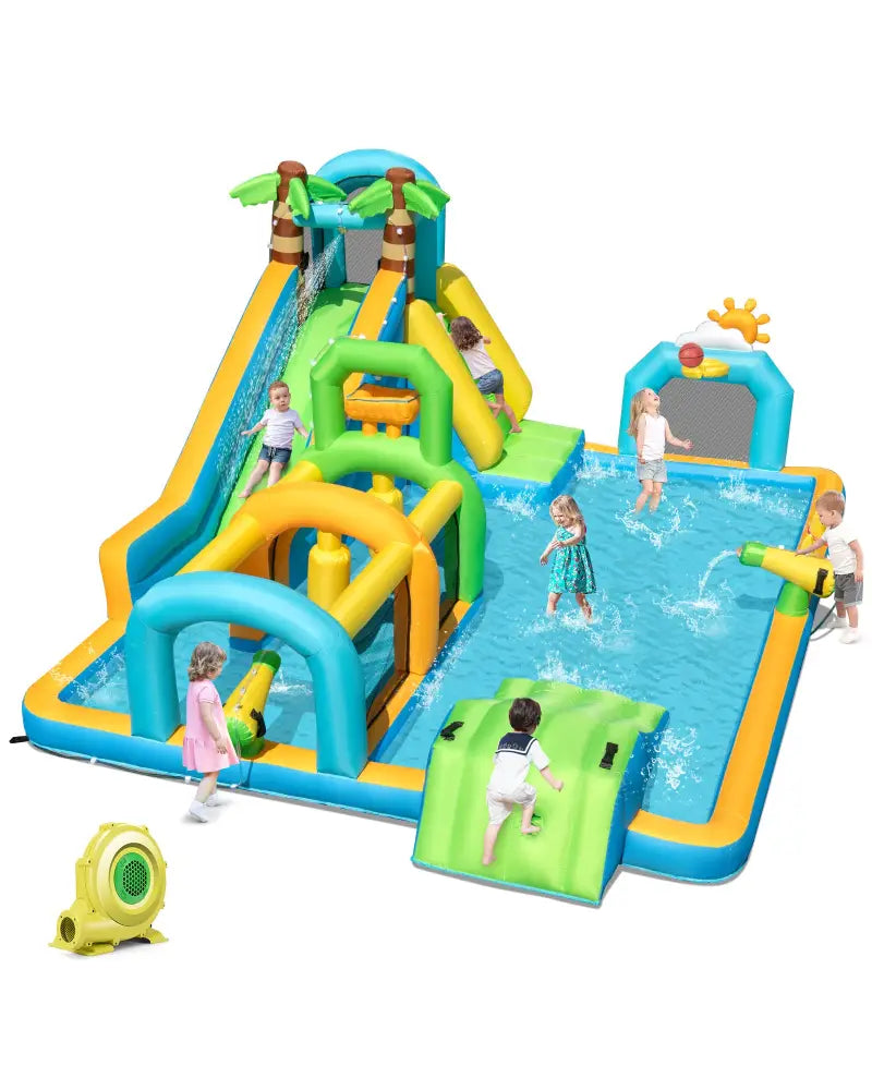 Inflatable Water Slide Tropical Theme Dual Slide Aqua Park with 735W Blower - Inflatable Water Slides