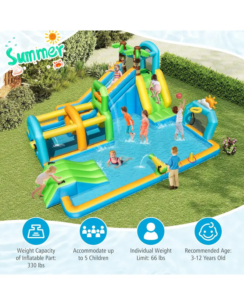 Inflatable Water Slide Tropical Theme Dual Slide Aqua Park with 735W Blower - Inflatable Water Slides