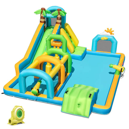 Inflatable Water Slide Tropical Theme Dual Slide Aqua Park with 735W Blower - Inflatable Water Slides