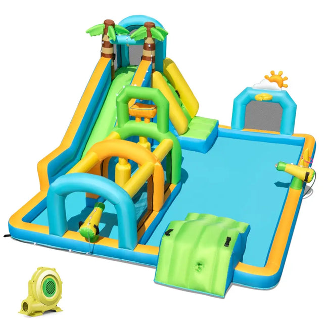 Inflatable Water Slide Tropical Theme Dual Slide Aqua Park with 735W Blower - Inflatable Water Slides