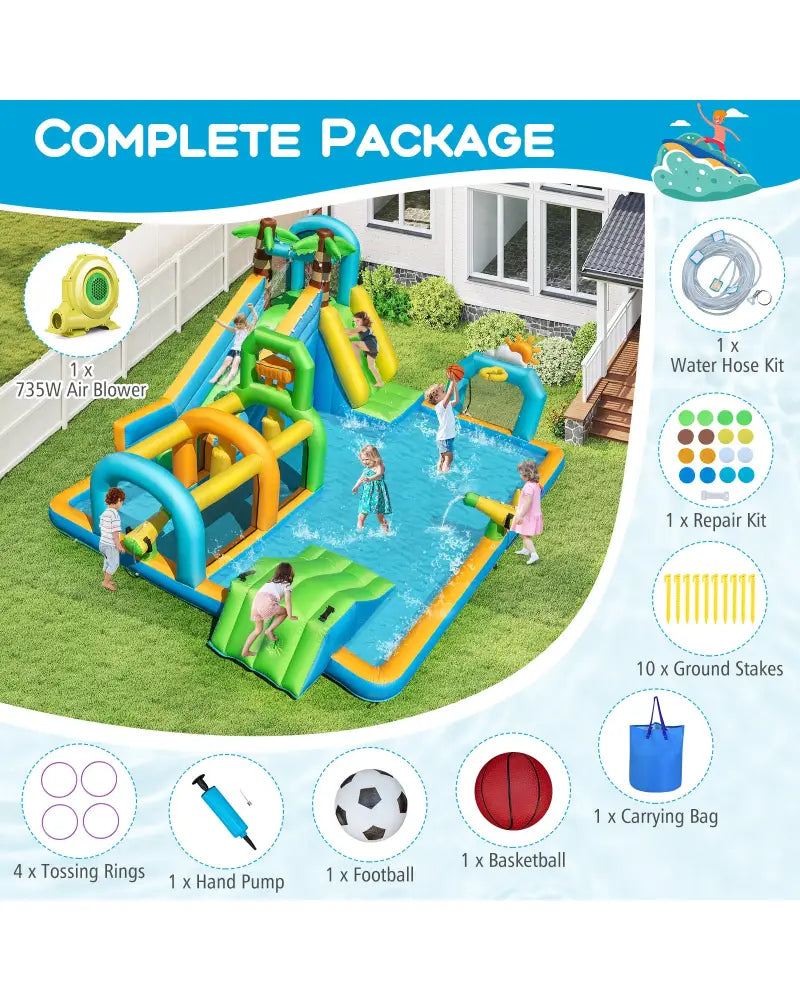 Inflatable Water Slide Tropical Theme Dual Slide Aqua Park with 735W Blower - Inflatable Water Slides