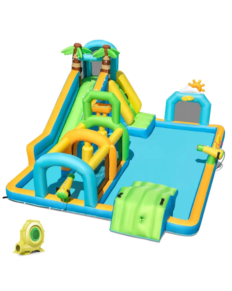 Inflatable Water Slide Tropical Theme Dual Slide Aqua Park with 735W Blower - Inflatable Water Slides