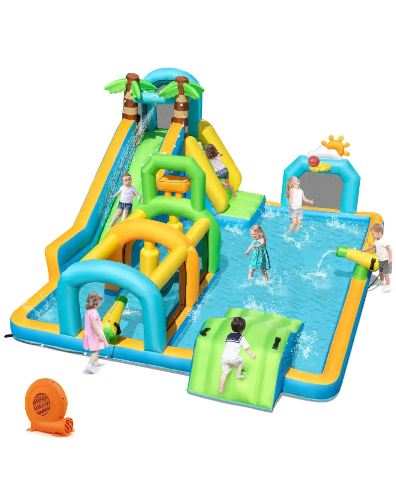 Inflatable Water Slide Tropical Theme Dual Slide Aqua Park with 750W Blower - Inflatable Water Slides