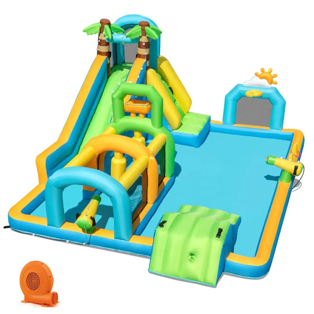 Inflatable Water Slide Tropical Theme Dual Slide Aqua Park with 750W Blower - Inflatable Water Slides