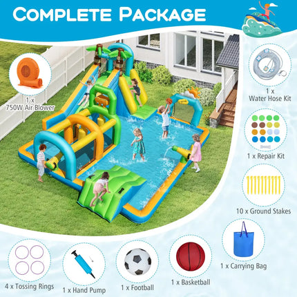 Inflatable Water Slide Tropical Theme Dual Slide Aqua Park with 750W Blower - Inflatable Water Slides