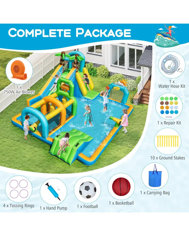 Inflatable Water Slide Tropical Theme Dual Slide Aqua Park with 750W Blower - Inflatable Water Slides