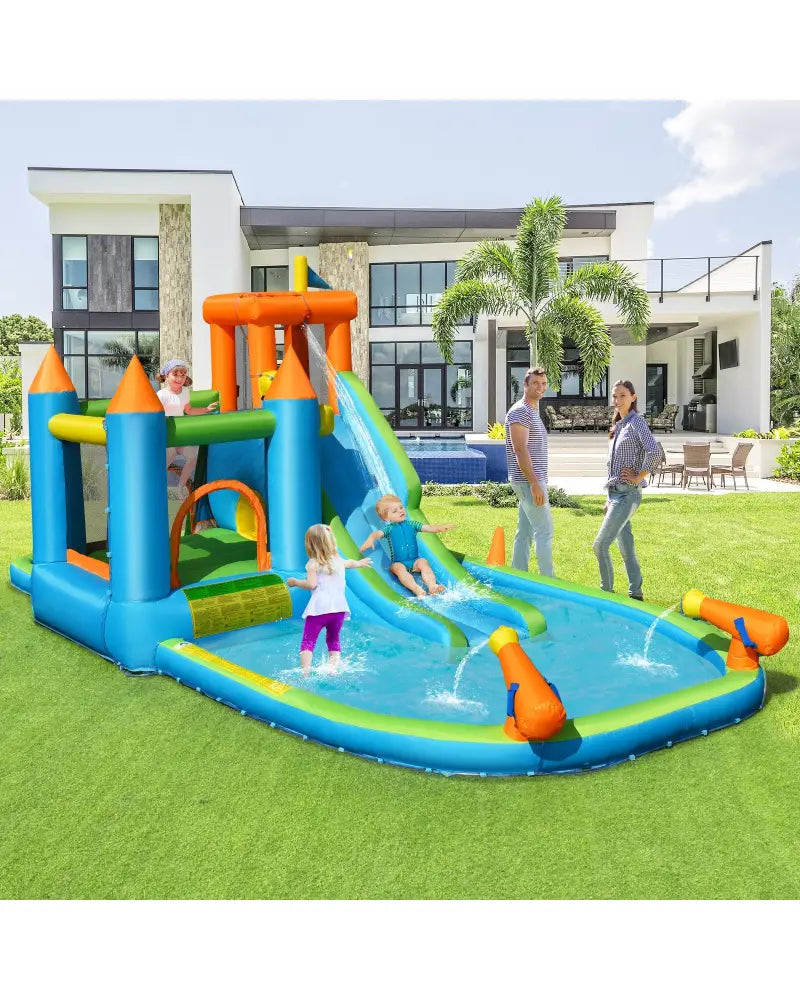 Inflatable Water Slide with Bounce House and Splash Pool without Blower for Kids - Inflatable Water Slides