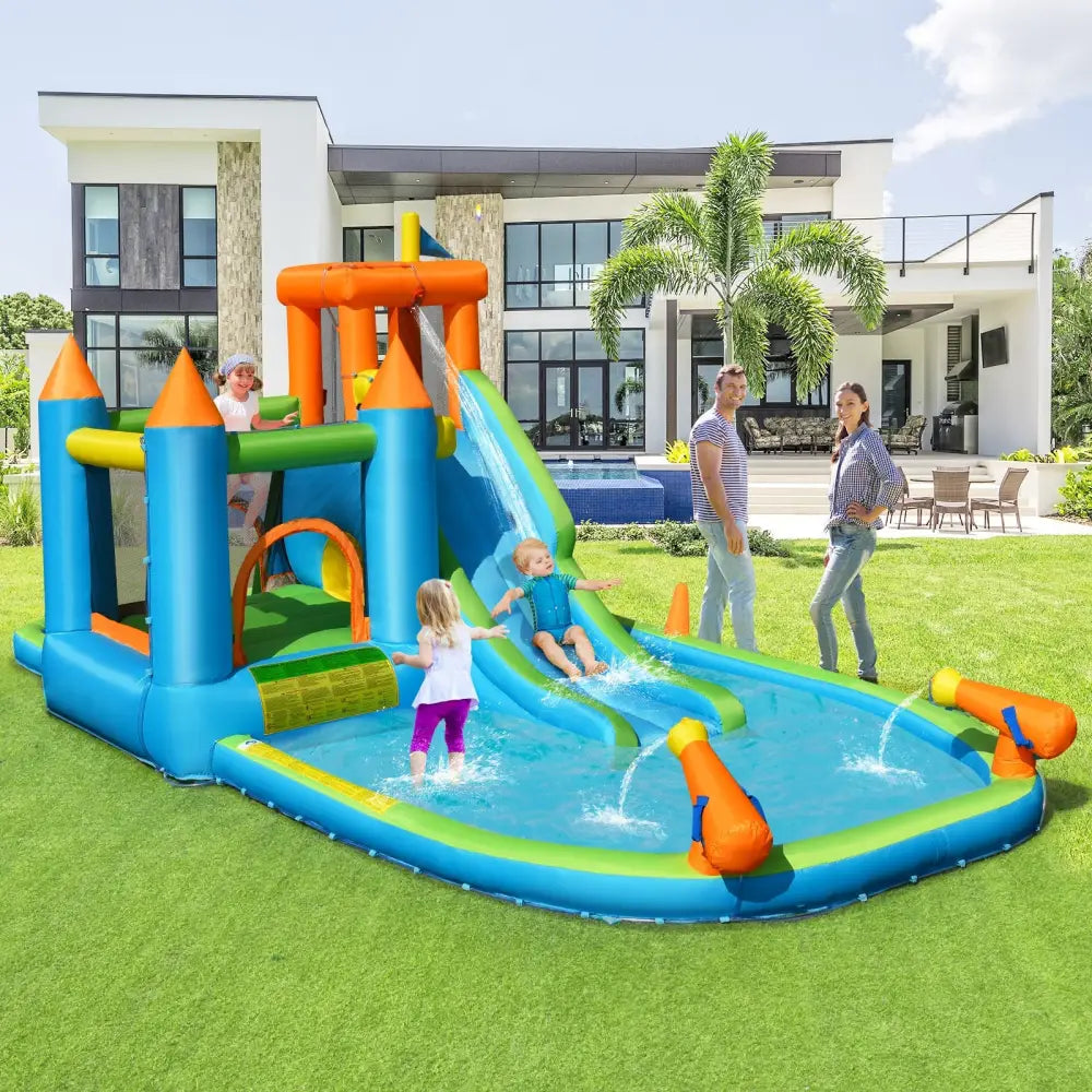Inflatable Water Slide with Bounce House and Splash Pool without Blower for Kids - Inflatable Water Slides