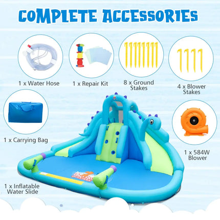 Inflatable Water Slide with Dual Slides and Large Splash Pool and Carry Bag (with 584W Blower) - Blue - Outdoor Play