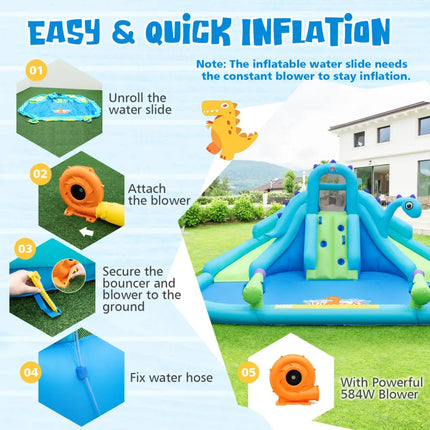 Inflatable Water Slide with Dual Slides and Large Splash Pool and Carry Bag (with 584W Blower) - Blue - Outdoor Play