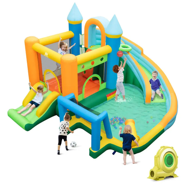 Inflatable Water Slide with Dual Slides and Splash Pool Bounce House with 735W Blower - Green - Outdoor Play