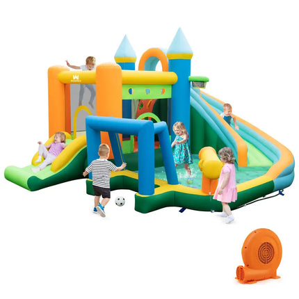 Inflatable Water Slide with Dual Slides and Splash Pool Bounce House with 680W Blower - Green - Outdoor Play