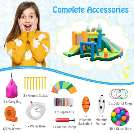Inflatable Water Slide with Dual Slides and Splash Pool Bounce House with 680W Blower - Green - Outdoor Play