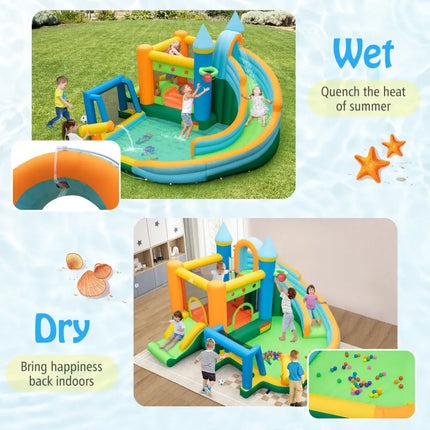Inflatable Water Slide with Dual Slides and Splash Pool Bounce House with 680W Blower - Green - Outdoor Play