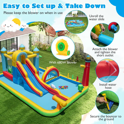 Inflatable Water Slide with Jumping Area and Climbing Wall(with 680W Blower) - Inflatable Water Slides