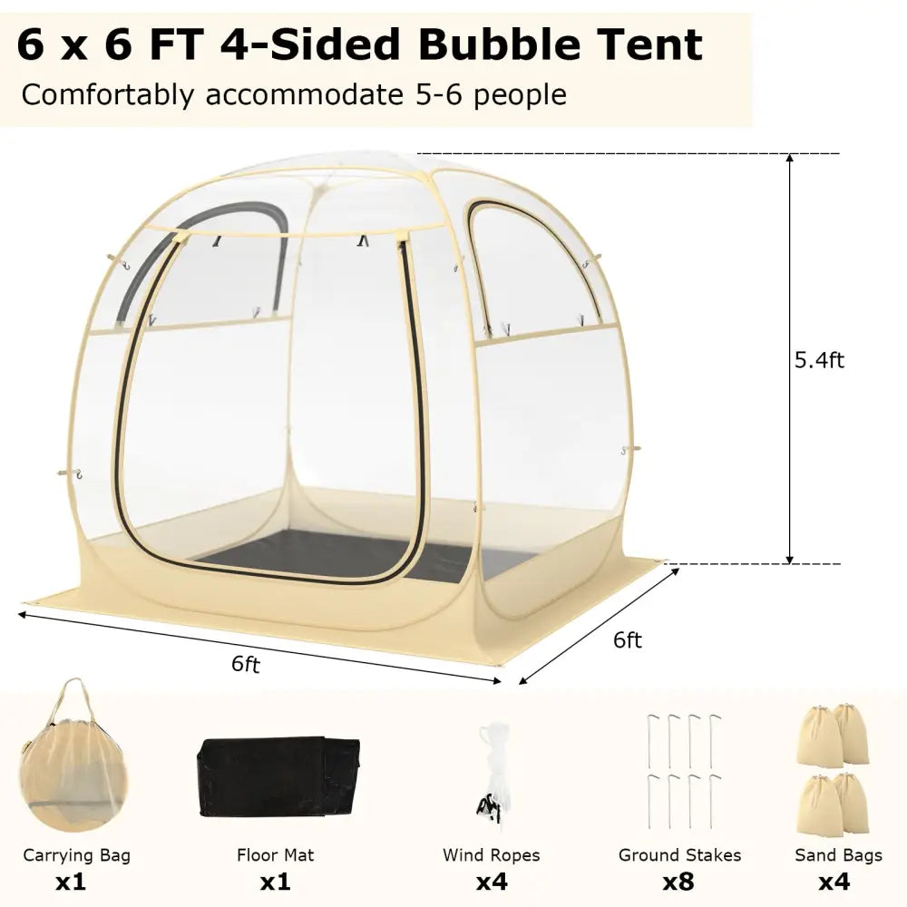 Instant Pop up Sports Tent with Carrying Bag and Floor Mat for 1-2/5-6 People-M - Beige - Tents