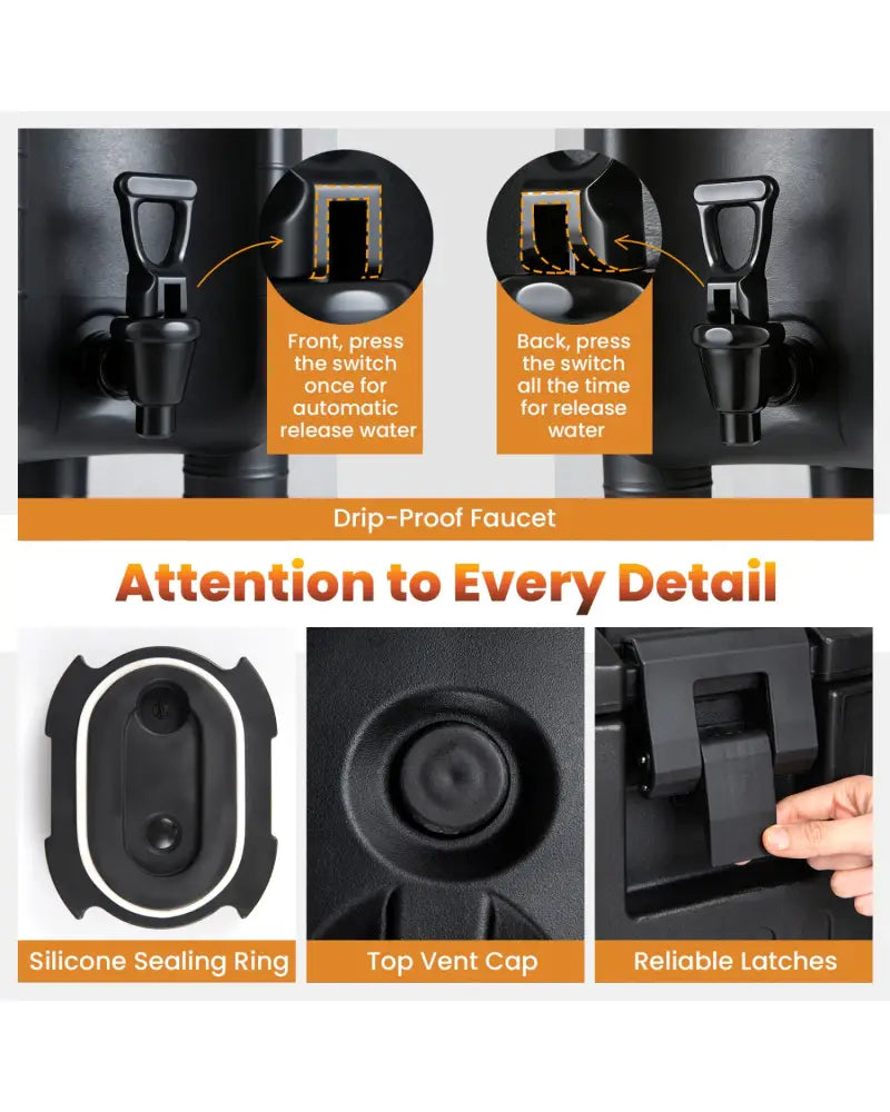 Insulated Beverage Dispensers Set of 2 Hot and Cold Drink Server Carriers with Ergonomic Handles-Black - Black - Water
