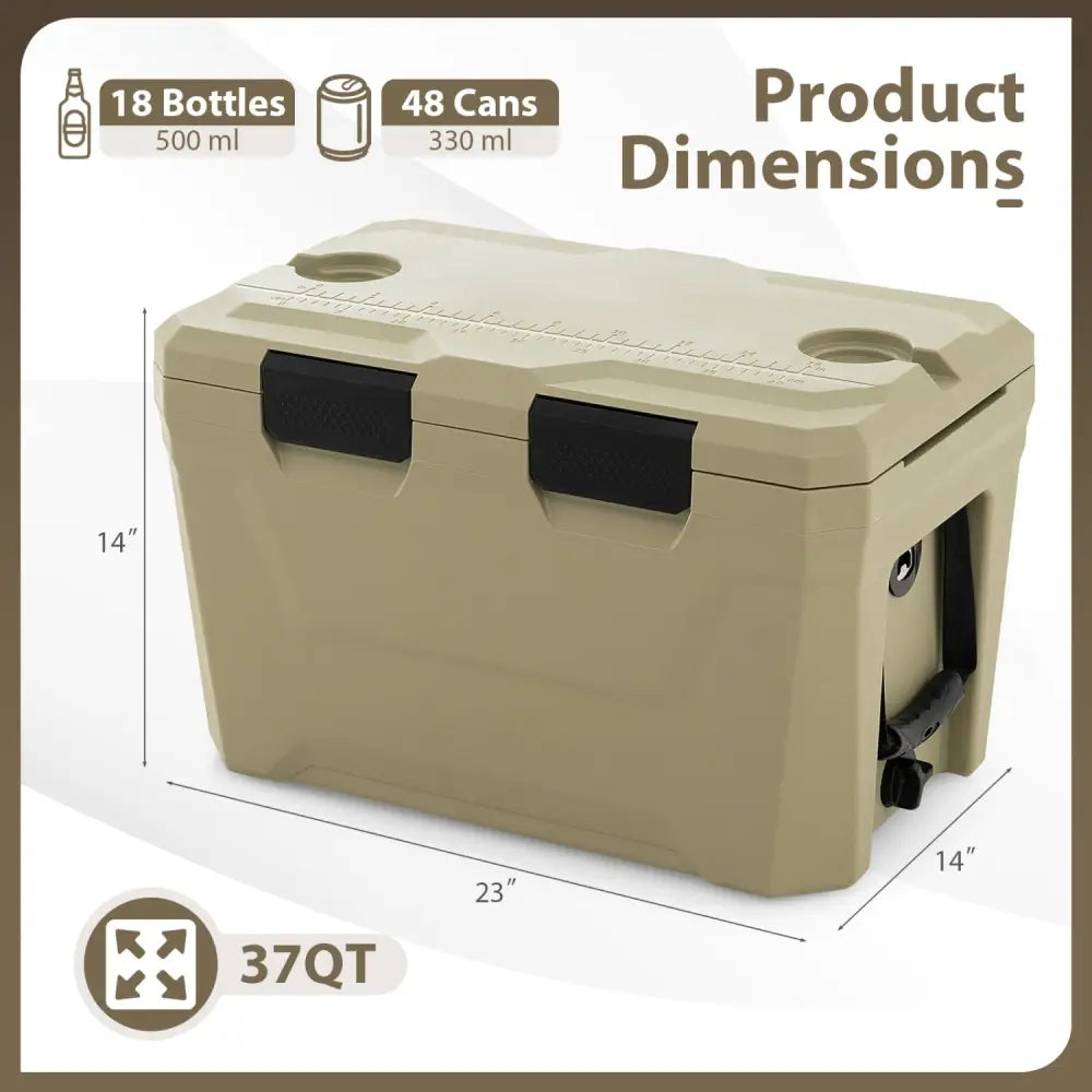 Insulated Portable Cooler Hard Shell Ice Chest with 2 Cup Holders Bottle Opener and Drain Plug-Sand Color - Coffee
