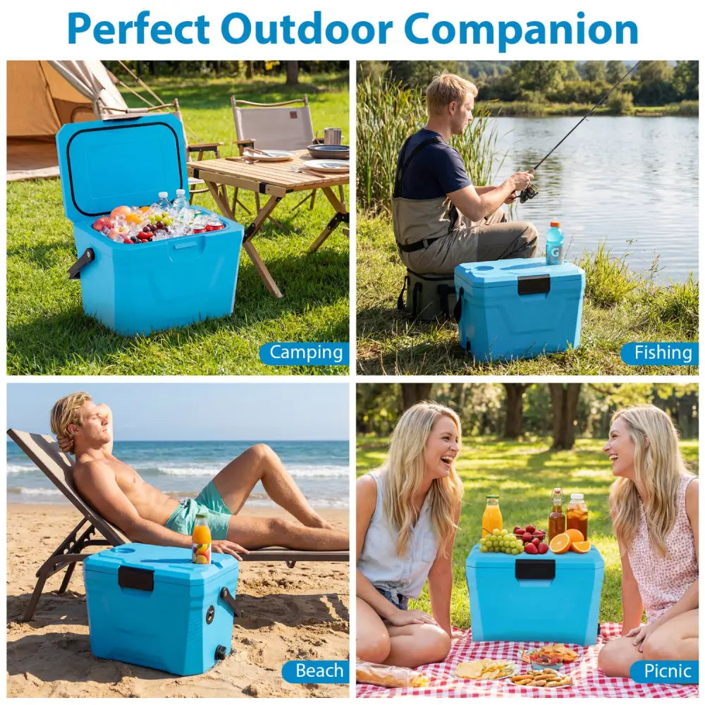 Insulated Portable Cooler Hard Shell Ice Chest with 2 Cup Holders-Blue - Blue - Coolers