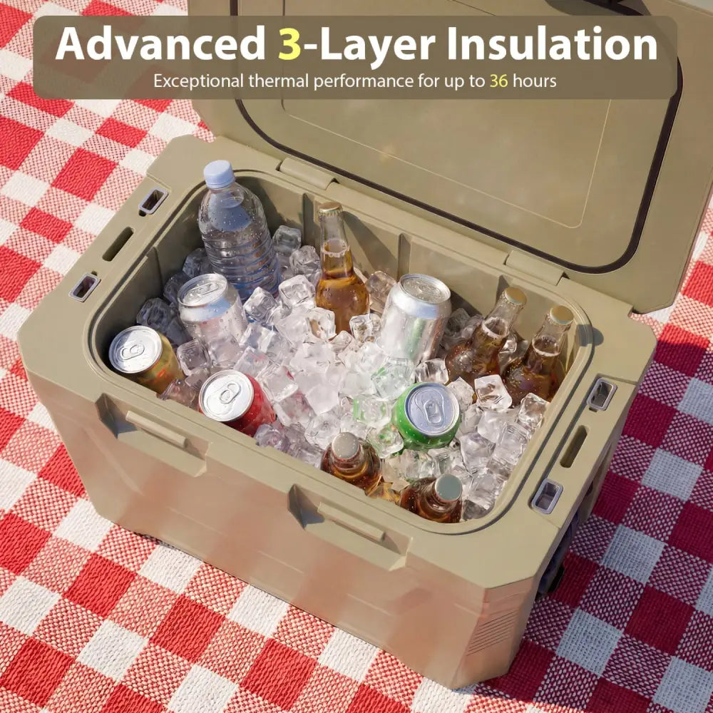 Insulated Portable Cooler Hard Shell Ice Chest with 2 Cup Holders Bottle Opener and Drain Plug-Sand Color - Coffee