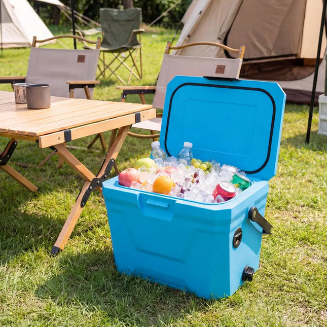 Insulated Portable Cooler Hard Shell Ice Chest with 2 Cup Holders-Blue - Blue - Coolers