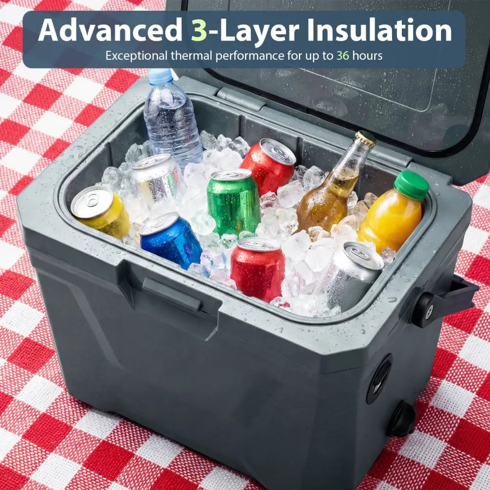 Insulated Portable Cooler Hard Shell Ice Chest with 2 Cup Holders-Gray - Gray - Coolers