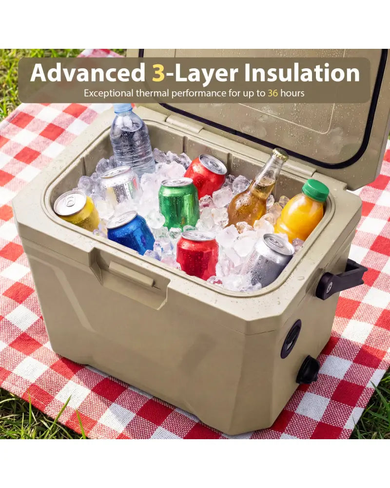 Insulated Portable Cooler Hard Shell Ice Chest with 2 Cup Holders-Sand Color - Coffee - Coolers