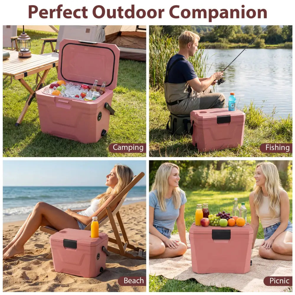 Insulated Portable Cooler Hard Shell Ice Chest with 2 Cup Holders-Pink - Pink - Coolers