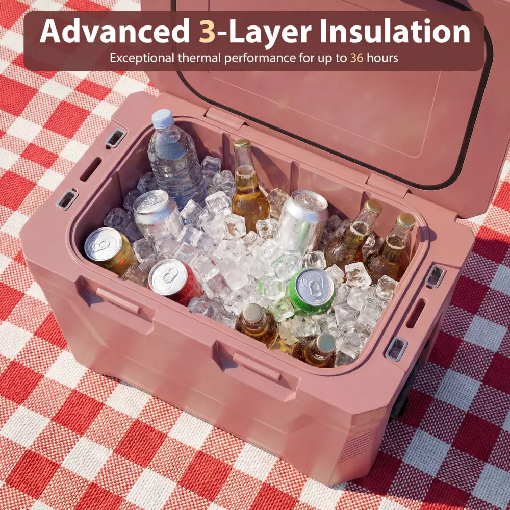 Insulated Portable Cooler Hard Shell Ice Chest with 2 Cup Holders Bottle Opener and Drain Plug-Pink - Pink - Coolers